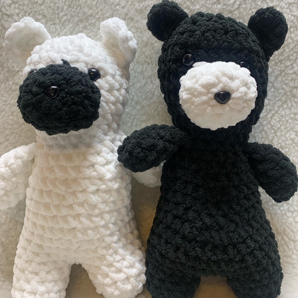 TWO CUTE CROCHET PLUSH BEARS POLAR BEAR AND BLACK BEAR 12”